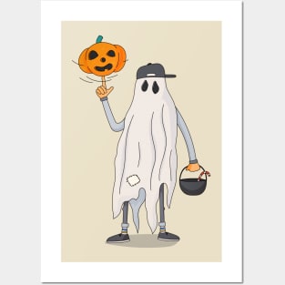 Halloween spooky ghost with pumpkin head Posters and Art